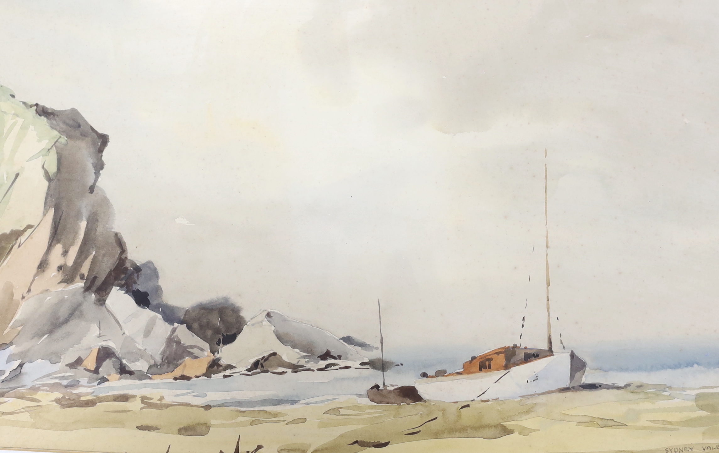 Sydney Vale (1916-1991), watercolour, coastal view with beached fishing boat, signed, 33 x 49cm